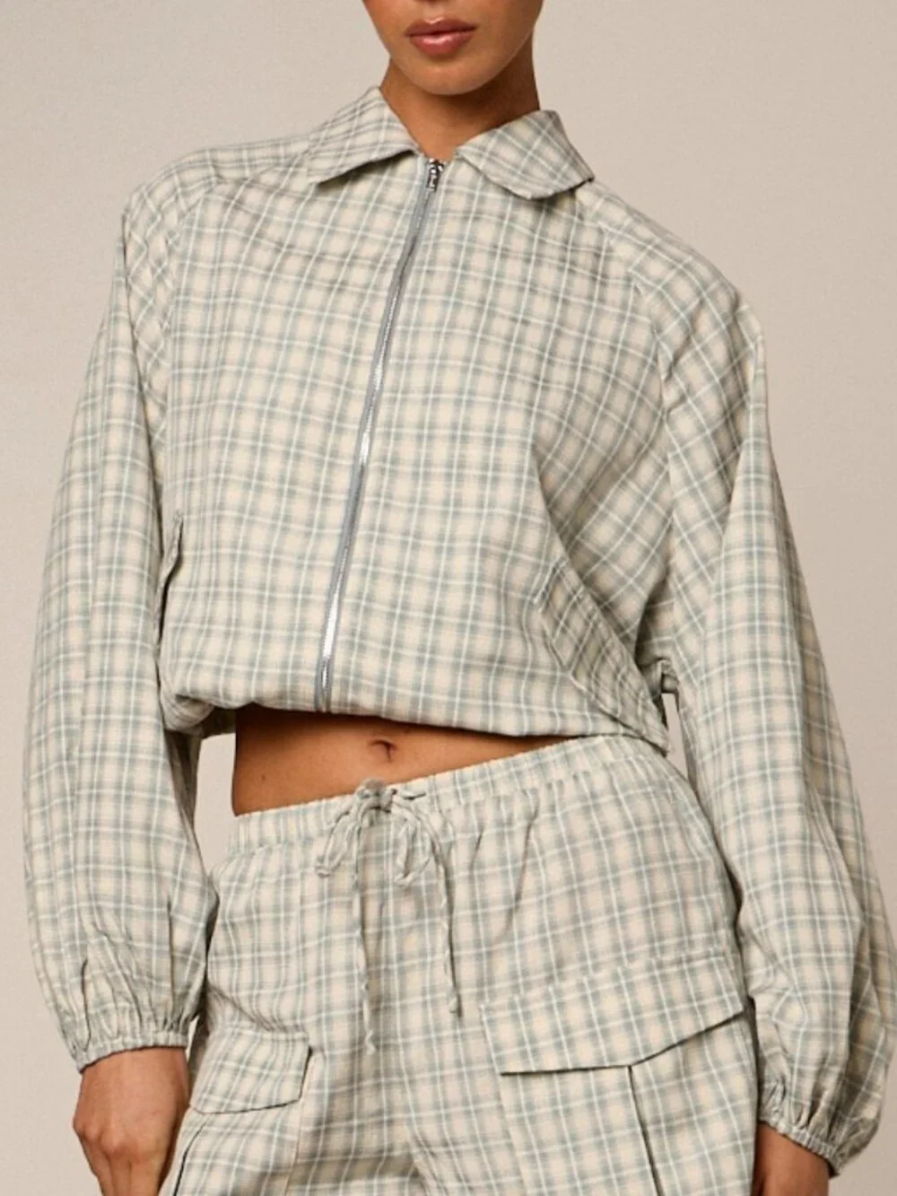 Multicolor Casual Women's Plaid Collar Full Zip Balloon Sleeves Bomber Jacket
